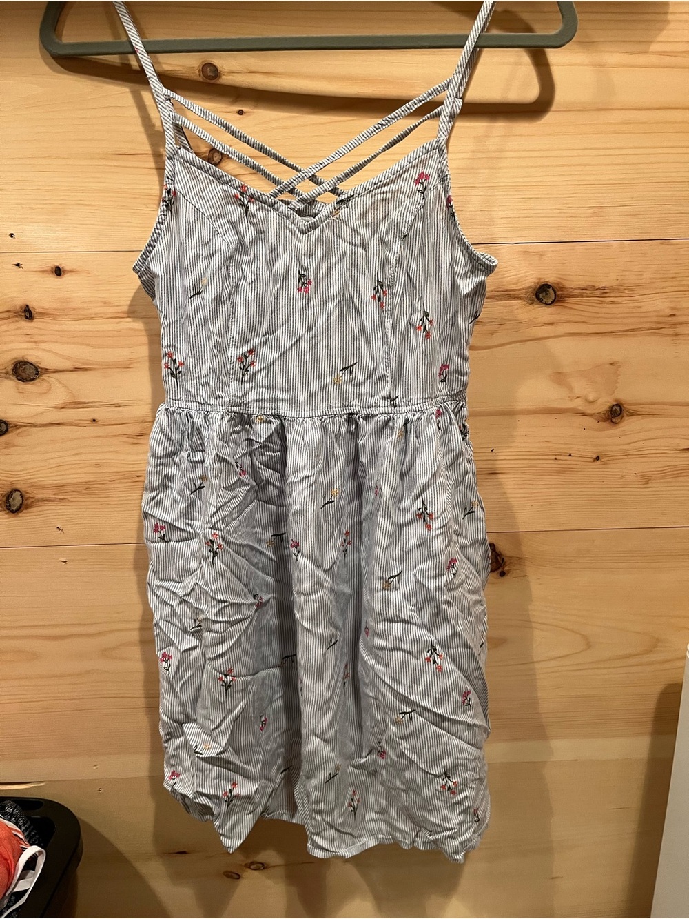 Girls Light Blue Striped Sundress with Pink Floral Embroidery